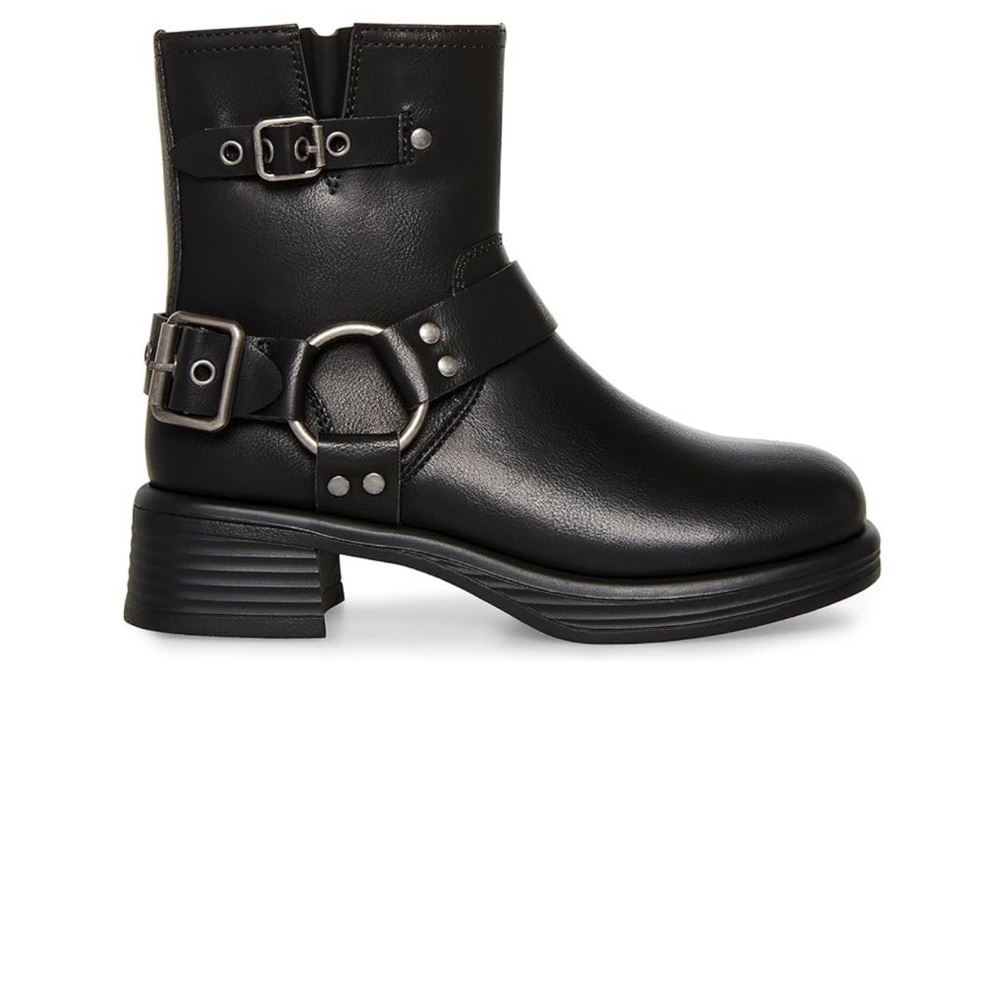 NWOT Steve Madden Girls JFlyer Black Moto Boots with Buckle Detail-Size 2
